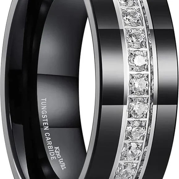Tungsten Wedding Band with Cubic Zircon Inlay 7mm/8mm Flat Cut Engagement Ring